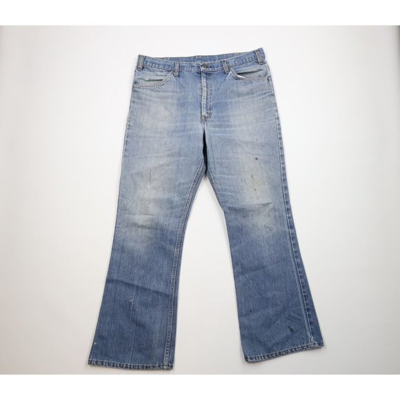 Vtg 70s Streetwear Mens 38x32 Distressed Wide Leg Bell Bottoms Jeans Blue USA
